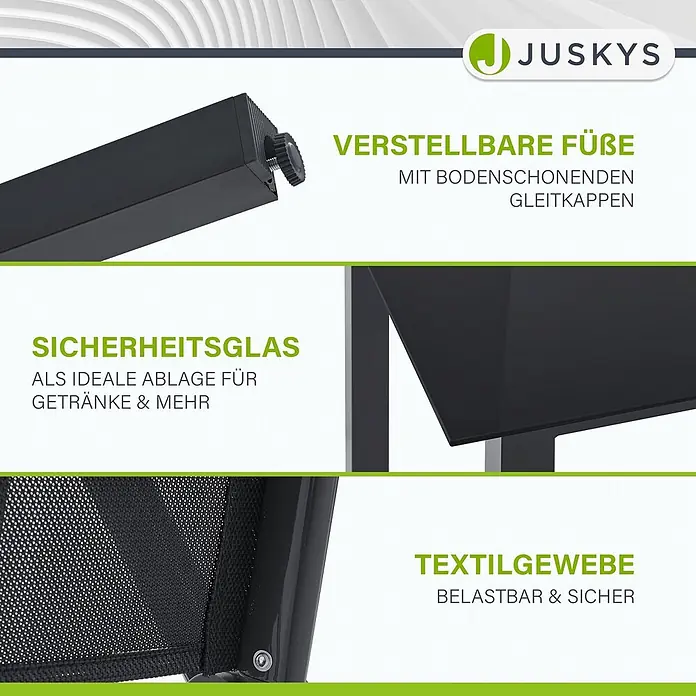 Juskys Gartentisch-Set Milano - L x B x H: 90 x 150 x 75 cm, Gestell: Pulverbeschichtetes Aluminium; Geflecht: Textilgewebe (100% Polyester, PVC-ummantelt); Tischplatten: 5mm Sicherheitsglas - Verstellbare Füße, Sicherheitsglas-Ablage und strapazierfähiges Textilgewebe eines Gartenmöbels.