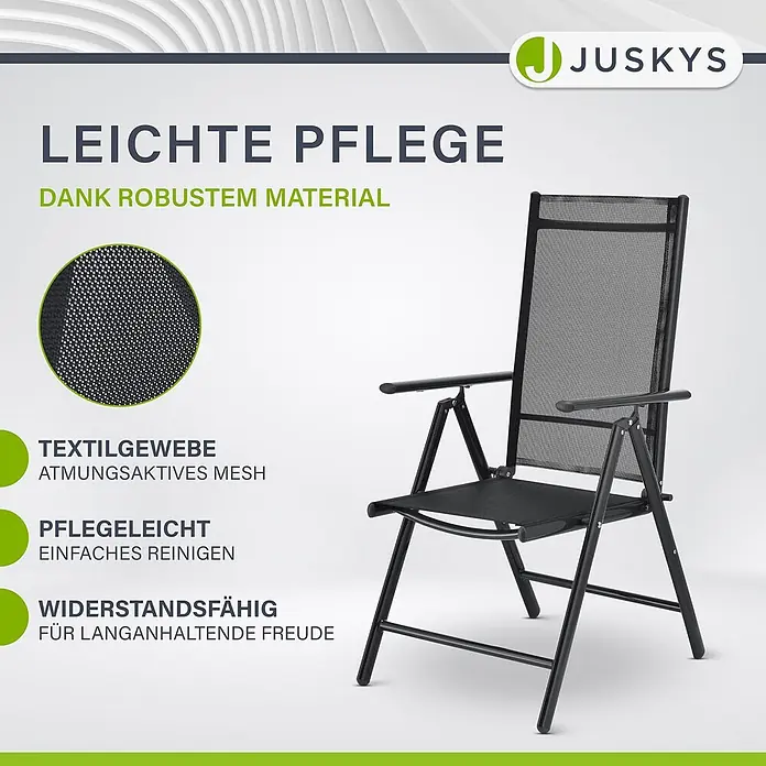 Juskys Gartentisch-Set Milano - L x B x H: 90 x 150 x 75 cm, Gestell: Pulverbeschichtetes Aluminium; Geflecht: Textilgewebe (100% Polyester, PVC-ummantelt); Tischplatten: 5mm Sicherheitsglas - Schwarzer Klappstuhl aus atmungsaktivem Textilgewebe.