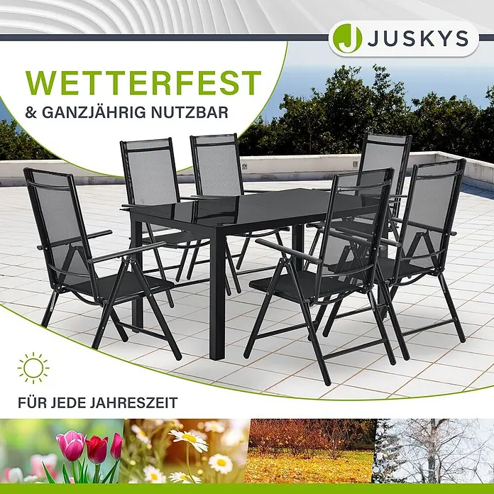 Juskys Gartentisch-Set Milano - L x B x H: 90 x 150 x 75 cm, Gestell: Pulverbeschichtetes Aluminium; Geflecht: Textilgewebe (100% Polyester, PVC-ummantelt); Tischplatten: 5mm Sicherheitsglas - Schwarze Terrassenessgarnitur mit Glastisch und sechs Netzstühlen auf einer sonnigen Terrasse, wetterfest und ganzjährig nutzbar.