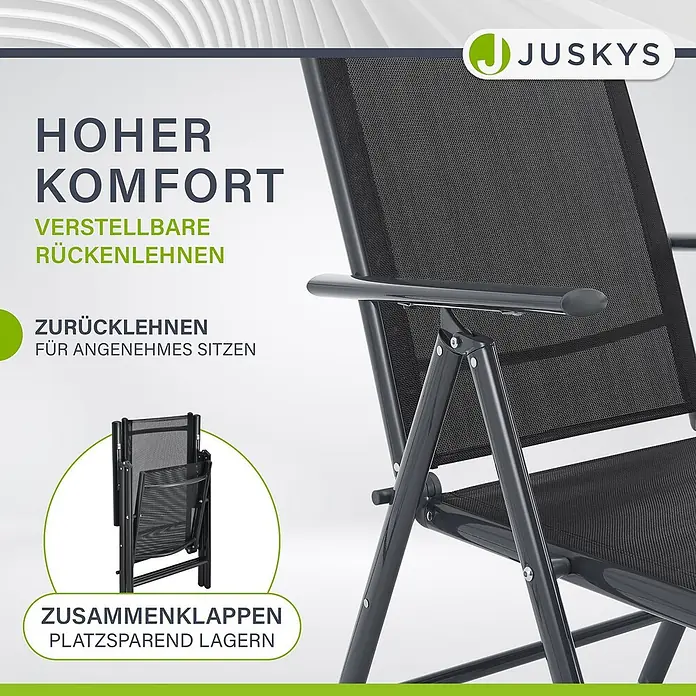 Juskys Gartentisch-Set Milano - L x B x H: 90 x 150 x 75 cm, Gestell: Pulverbeschichtetes Aluminium; Geflecht: Textilgewebe (100% Polyester, PVC-ummantelt); Tischplatten: 5mm Sicherheitsglas - Dunkelgrauer Klappstuhl aus Netzgewebe mit verstellbarer Rückenlehne. Zusammenklappbar zur platzsparenden Lagerung.