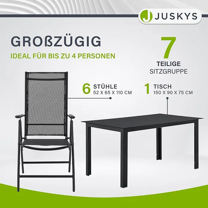 Juskys Gartentisch-Set Milano - L x B x H: 90 x 150 x 75 cm, Gestell: Pulverbeschichtetes Aluminium; Geflecht: Textilgewebe (100% Polyester, PVC-ummantelt); Tischplatten: 5mm Sicherheitsglas - Schwarze/dunkelgraue Gartenmöbelgarnitur mit einem klappbaren Stuhl aus Textilgewebe und einem rechteckigen Tisch.