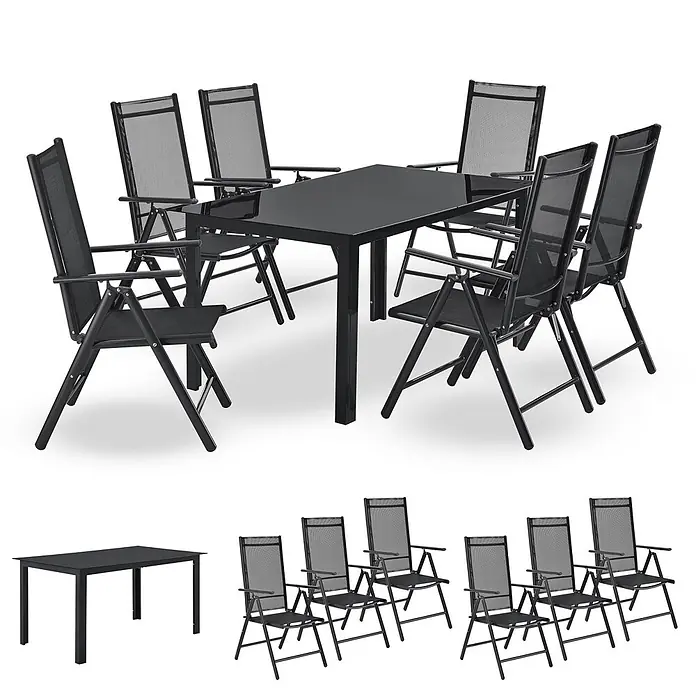 Juskys Gartentisch-Set Milano - L x B x H: 90 x 150 x 75 cm, Gestell: Pulverbeschichtetes Aluminium; Geflecht: Textilgewebe (100% Polyester, PVC-ummantelt); Tischplatten: 5mm Sicherheitsglas - Schwarzer rechteckiger Outdoor-Esstisch mit 8 schwarzen klappbaren Netzstühlen.