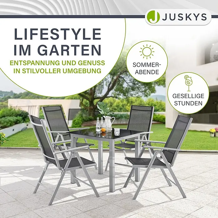 Juskys Gartentisch-Set Milano - L x B x H: 90 x 150 x 75 cm, Gestell: Pulverbeschichtetes Aluminium; Geflecht: Textilgewebe (100% Polyester, PVC-ummantelt); Tischplatten: 5mm Sicherheitsglas - Juskys Garten-Essgruppe mit grauem Tisch und vier schwarzen Netzstühlen auf einer Terrasse.