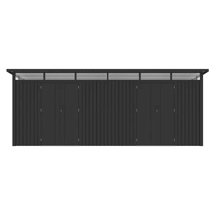 StarLine Metall Gerätehaus Skylight 2-Raum 15,18 m² - Außenbreite inkl. Dachüberstand: 566 cm, Außentiefe inkl. Dachüberstand: 318 cm, Metall, Anthrazit - Dunkelgrauer Wellblech-Geräteschuppen mit zwei Türen und lichtdurchlässigen Dachpaneelen.