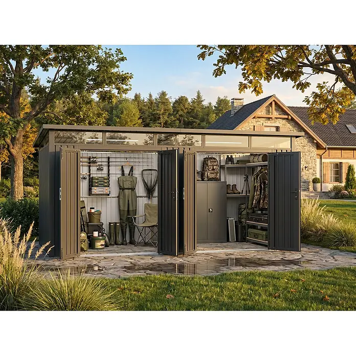 StarLine Metall Gerätehaus Skylight 2-Raum 15,18 m² - Außenbreite inkl. Dachüberstand: 566 cm, Außentiefe inkl. Dachüberstand: 318 cm, Metall, Anthrazit - Dunkelgrauer Gartenschuppen mit offenen Türen, zeigt organisierte Angel- und Jagdausrüstung auf einer Steinterrasse.