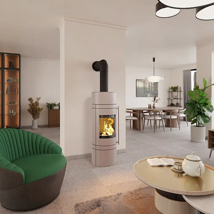 Kaminofen - 5,5 kW, Stahl, Magnolia - Moderner, hellrosafarbener Holzofen mit schwarzem Rauchrohr wärmt ein gemütliches Wohnzimmer.