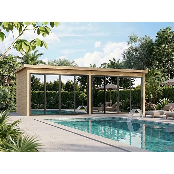Fjordholz Gartenhaus Office IsoSlide 9 Farblose Imprägnierung - Außenmaß inkl. Dachüberstand (B x T): 662,2 x 351,6 cm, Holz, Naturbelassen - Modernes Gartenhaus aus Holz mit großen Glastüren am Pool, als stilvoller Außenwohnbereich.