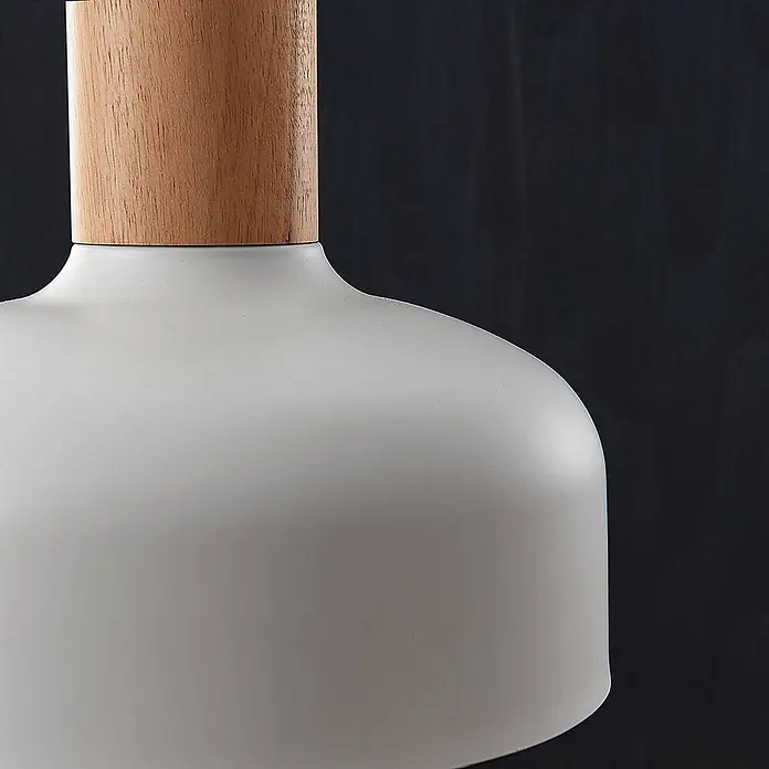 Lindby Pendelleuchte Carlise - L x B x H: 30 x 30 x 25 cm, weiß / opal, weiß, holz hell, E27 - Pendelleuchte mit naturfarbenem Holzaufsatz und matt hellgrauem glockenförmigem Schirm.
