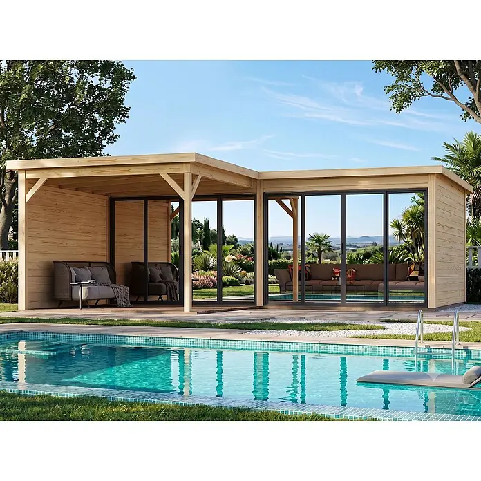 Fjordholz Gartenhaus Office IsoSlide 11 VD - Außenmaß inkl. Dachüberstand (B x T): 662,2 x 451,6 cm, Holz, Grau Imprägnierung - Holz-Gartenhaus mit großen Glastüren und überdachter Terrasse am blauen Pool.