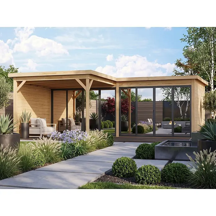 Fjordholz Gartenhaus Office IsoSlide 9 VD - Außenmaß inkl. Dachüberstand (B x T): 662,2 x 351,6 cm, Holz, Farblose Imprägnierung - Modernes L-förmiges Gartenhaus aus Holz mit großen Glastüren, eingebettet in einen üppigen Garten mit Außenwohnbereichen.