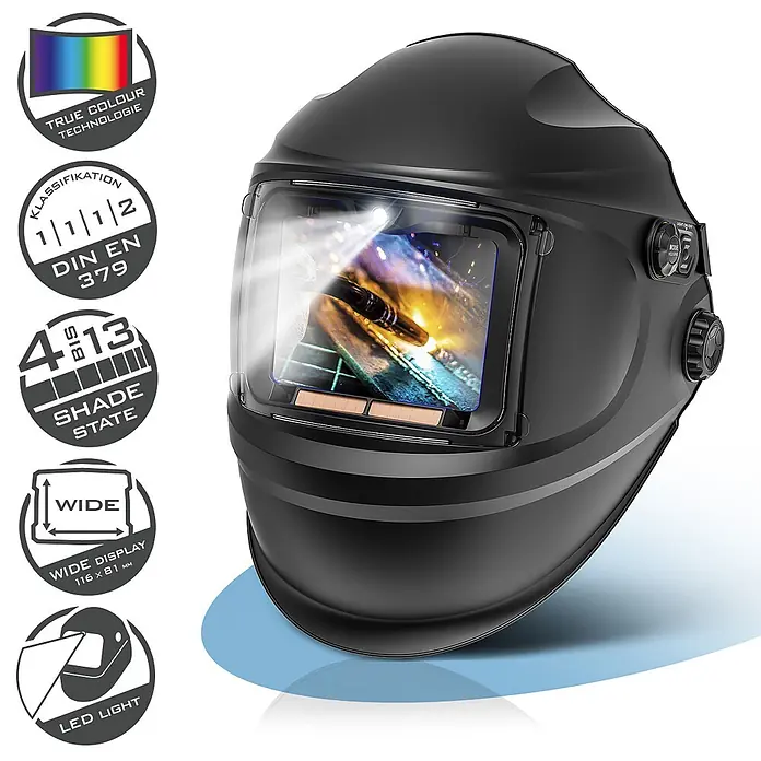 STAHLWERK Schweißhelm RAPTOR - Schwarz - Schwarzer Automatik-Schweißhelm mit großem Klarglasvisier, das eine helle Schweißszene und ein LED-Licht zeigt.