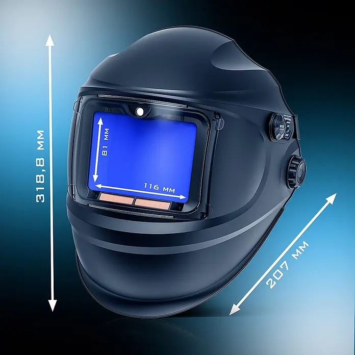 STAHLWERK Schweißhelm RAPTOR - Schwarz - Schwarzer Automatik-Schweißhelm mit Abmessungen und 116x81 mm Sichtfenster.