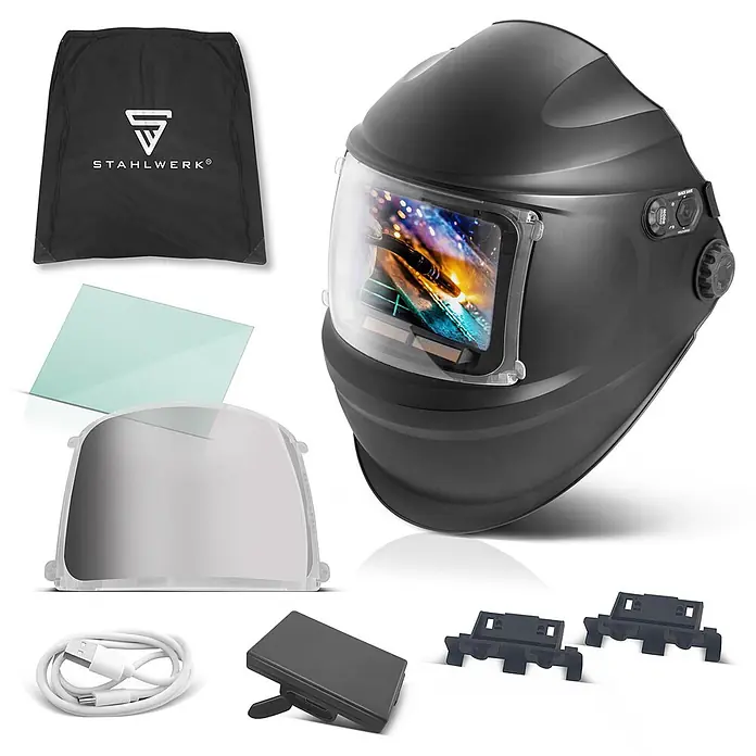 STAHLWERK Schweißhelm RAPTOR - Schwarz - Schwarzer Schweißhelm mit Zubehör wie Schutzscheiben, Ladekabel und Montagehalterungen.