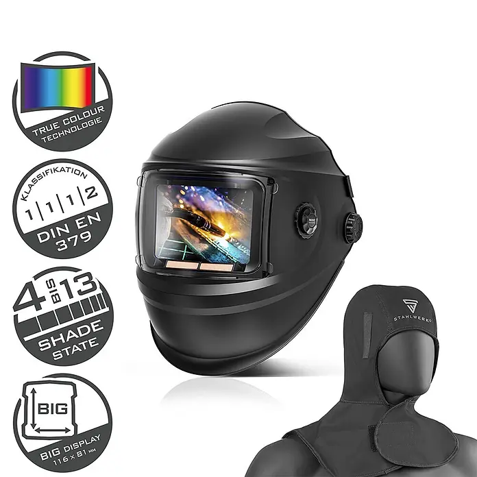 STAHLWERK Schweißhelm Schweißhelm BOOSTER + Schweißhaube - Schwarz - Schwarzer Automatik-Schweißhelm mit großem Display und passender schwarzer Schutzhaube.