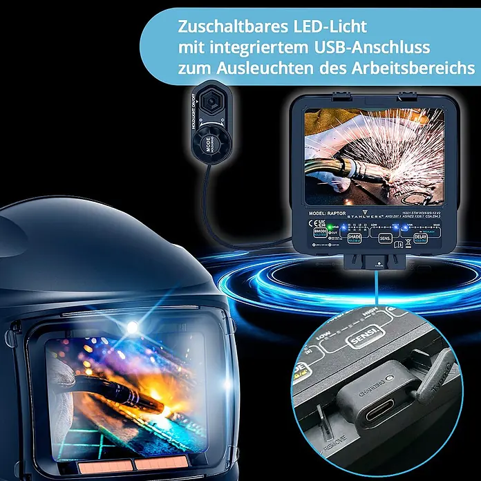 STAHLWERK Schweißhelm RAPTOR - Schwarz - Dunkelblauer Schweißhelm mit integriertem LED-Licht und USB-C-Anschluss zur Arbeitsbereichsbeleuchtung.
