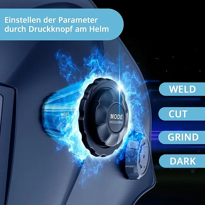 STAHLWERK Schweißhelm Schweißhelm BOOSTER + Schweißhaube - Schwarz - Dunkelblauer Schweißhelm mit leuchtenden Modus-Steuerknöpfen für WELD, CUT, GRIND, DARK Einstellungen.