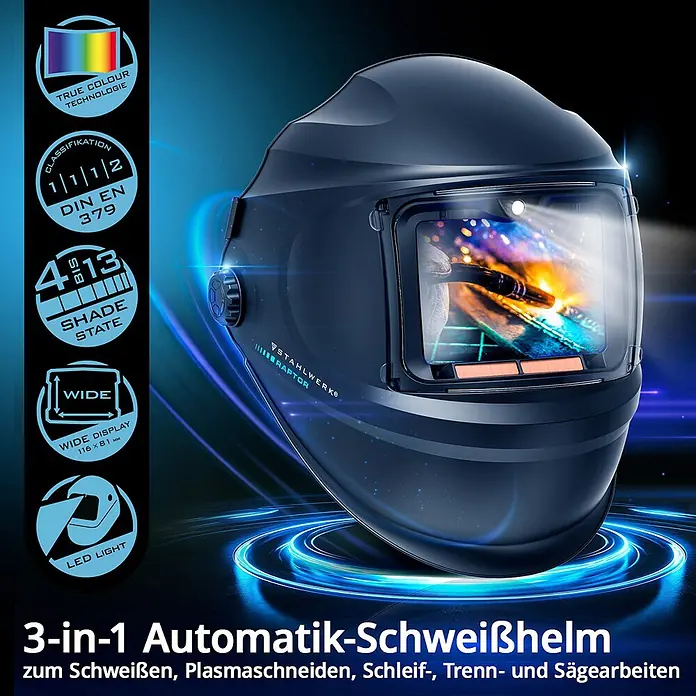 STAHLWERK Schweißhelm RAPTOR - Schwarz - Dunkelgrauer Stahlwerk Raptor 3-in-1 Automatik-Schweißhelm mit Schweißvorgang im Display und Feature-Symbolen.