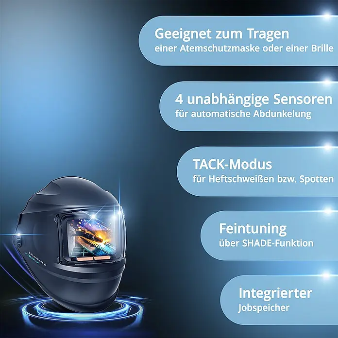 STAHLWERK Schweißhelm Schweißhelm RAPTOR - schwarz - Schwarzer Schweißhelm mit aktivem Schweißfenster und hervorgehobenen Funktionen: Brillenträger geeignet, 4 Sensoren, TACK-Modus, SHADE-Feintuning, Jobspeicher.