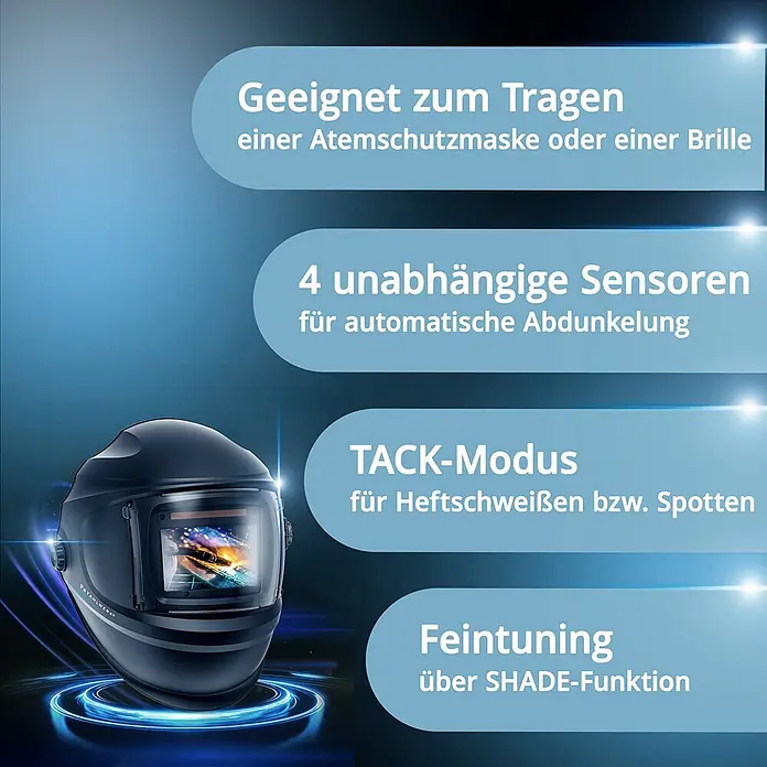 STAHLWERK Schweißhelm Schweißhelm BULLET + Schweißhaube - Schwarz - Ein schwarzer Schweißhelm mit automatischem Verdunkelungsfilter und breitem Sichtfeld für optimalen Schutz beim Schweißen.