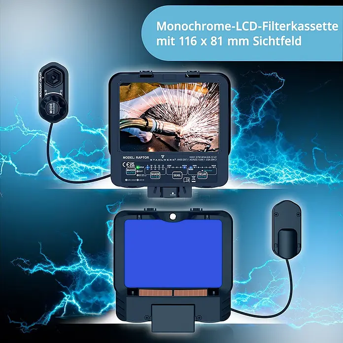 STAHLWERK Schweißhelm Schweißhelm RAPTOR + Schweißhaube - Schwarz - Monochrome LCD-Schweißfilterkassette (116x81mm Sichtfeld) mit Fernbedienung, zeigt aktives Schweißen und blauen Filterzustand.