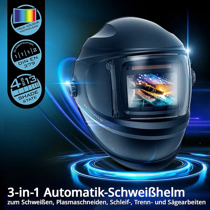 STAHLWERK Schweißhelm Schweißhelm BULLET + Schweißhaube - Schwarz - Dunkelgrauer 3-in-1 Automatik-Schweißhelm für Schweiß-, Plasmaschneid- und Schleifarbeiten.