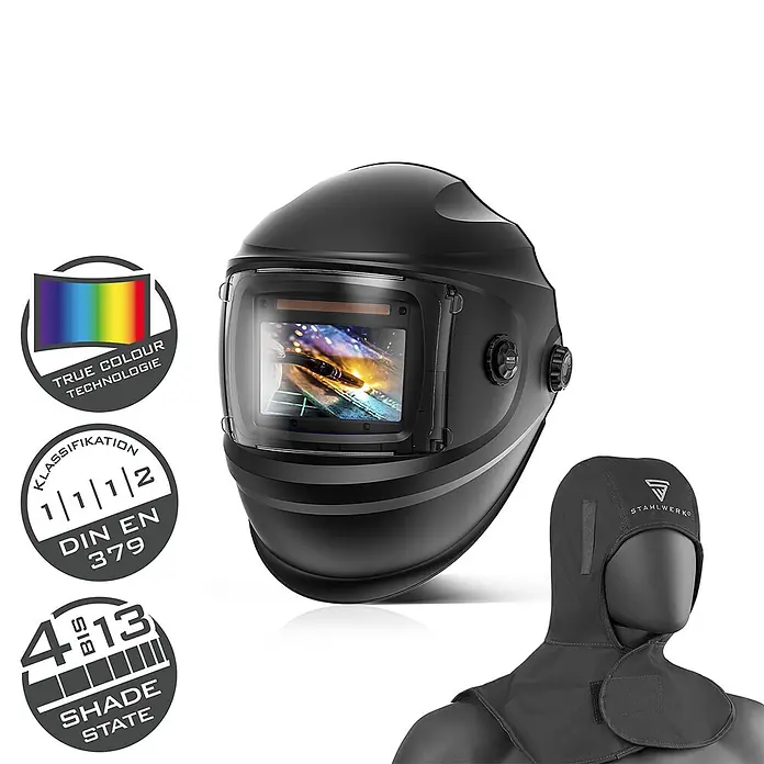 STAHLWERK Schweißhelm Schweißhelm BULLET + Schweißhaube - Schwarz - Schwarzer Automatik-Schweißhelm mit Schutzhaube, ausgestattet mit True-Color-Technologie und einstellbaren Schweißstufen.
