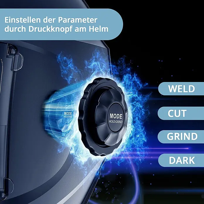 STAHLWERK Schweißhelm Schweißhelm BULLET + Schweißhaube - Schwarz - Dunkler Schweißhelm mit schwarzem Drehknopf 'MODE HOLD:GRIND' zur Einstellung der Parameter (Schweißen, Schneiden, Schleifen, Dunkel).