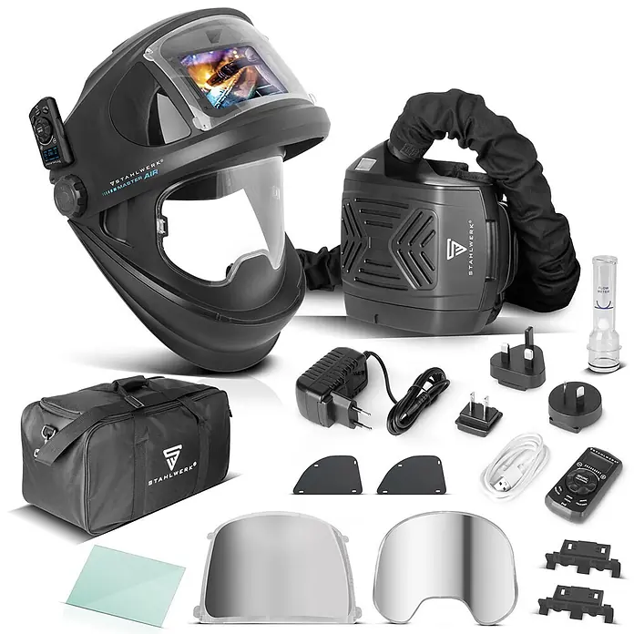 STAHLWERK Schweißhelm MASTER AIR Automatik Schweißhelm - Schwarz - Schwarzer Schweißhelm mit integriertem Atemschutzsystem (PAPR) und Zubehör für Schweißarbeiten.