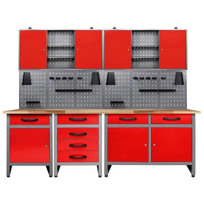 Ondis24 Werkbank-Set - L x B: 240 x 60 cm, Arbeitshöhe: 850 mm, Metall - Rotes und graues Metall-Werkbanksystem mit Holzplatte, Hängeschränken, Lochwand und Unterschränken mit Schubladen und Türen.