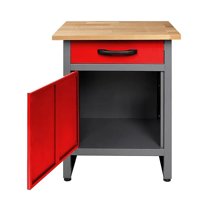 Ondis24 Werkbank-Set - L x B: 240 x 60 cm, Arbeitshöhe: 850 mm, Metall - Grauer Werkstattschrank mit Holzplatte, roter Schublade und offener roter Tür mit Stauraum.