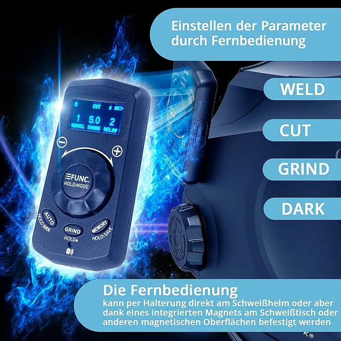 STAHLWERK Schweißhelm MASTER AIR Automatik Schweißhelm - Schwarz - Dunkelblaue Fernbedienung für Schweißhelm, zeigt Einstellungen auf dem Bildschirm und Moduswahltasten. Magnetisch anbringbar.