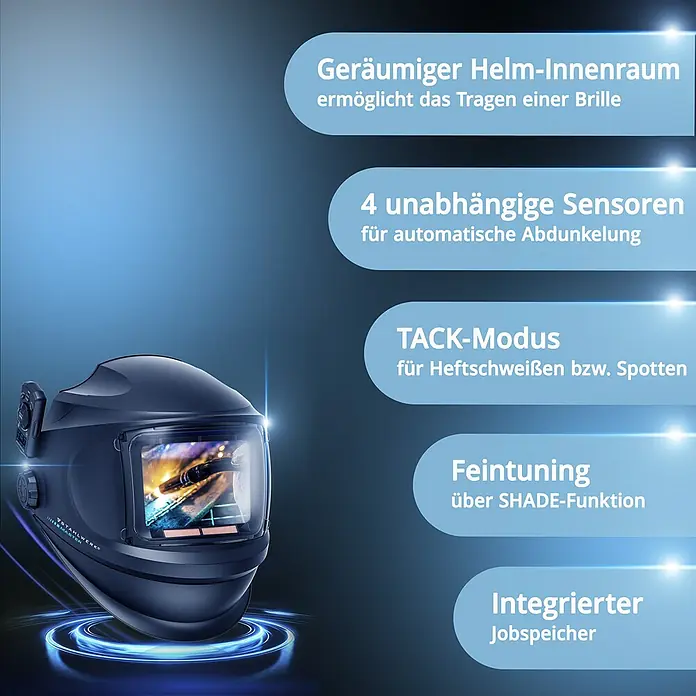 STAHLWERK Schweißhelm MASTER AIR Automatik Schweißhelm - Schwarz - Dunkler Schweißhelm mit transparentem Visier, das einen Schweißbogen zeigt, und seitlichen Bedienelementen.