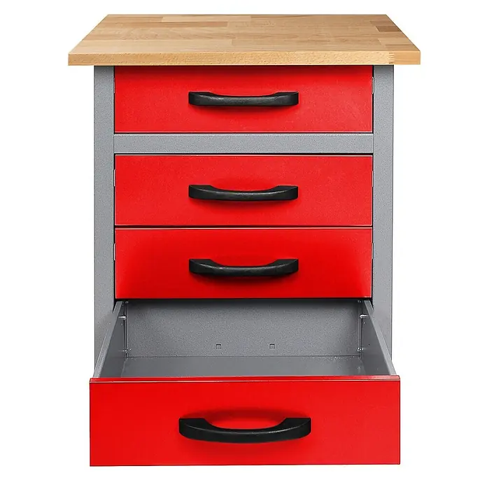 Ondis24 Werkbank-Set - L x B: 240 x 60 cm, Arbeitshöhe: 850 mm, Metall - Roter und grauer Werkzeugschrank mit Holzplatte und fünf Schubladen, eine offen.