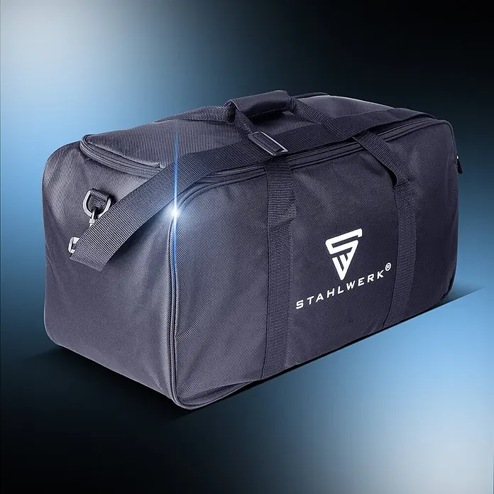STAHLWERK Schweißhelm MASTER AIR Automatik Schweißhelm - Schwarz - Dunkelgraue STAHLWERK Reisetasche mit Schultergurt und Griffen.