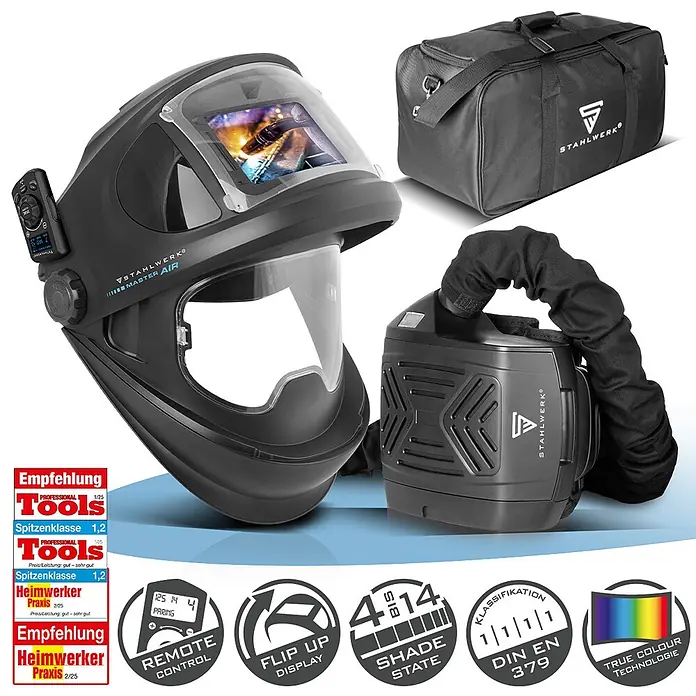 STAHLWERK Schweißhelm MASTER AIR Automatik Schweißhelm - Schwarz - Schwarzes Schweißhelm-System mit Gebläseatemschutz und Tragetasche.