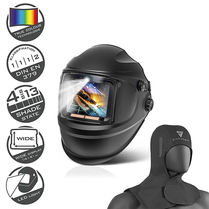 STAHLWERK Schweißhelm Schweißhelm RAPTOR + Schweißhaube - Schwarz - Schwarzer Schweißhelm mit Echtfarben-, Weitsichtdisplay, LED-Licht und einstellbarer Schattierung (4-13), inklusive Schutzhaube.