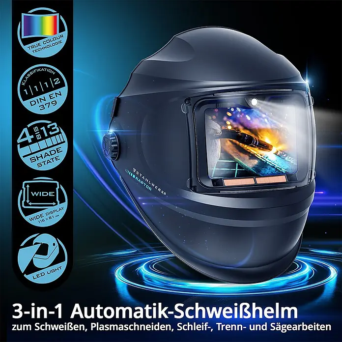 STAHLWERK Schweißhelm Schweißhelm RAPTOR + Schweißhaube - Schwarz - Dunkelgrauer Automatik-Schweißhelm mit Visier, das einen Schweißlichtbogen zeigt, und STAHLWERK RAPTOR Branding.