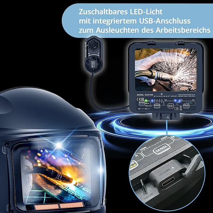 STAHLWERK Schweißhelm Schweißhelm RAPTOR + Schweißhaube - Schwarz - Dunkelblauer Schweißhelm mit integrierter LED-Beleuchtung für den Arbeitsbereich, verbunden mit einer Steuereinheit und USB-C-Anschluss.