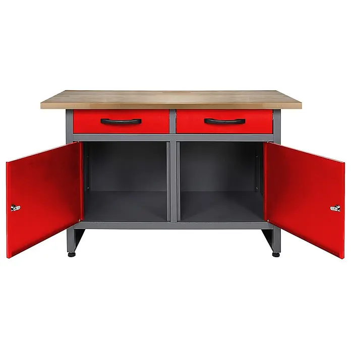 Ondis24 Werkbank-Set - L x B: 240 x 60 cm, Arbeitshöhe: 850 mm, Metall - Rote und graue Werkbank mit Holzplatte, zwei Schubladen und zwei offenen Schränken mit Regalen.