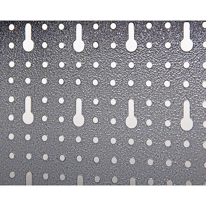 Ondis24 Werkbank-Set - L x B: 120 x 60 cm, Arbeitshöhe: 850 mm, Metall - Strukturierte graue Metall-Lochplatte mit runden Löchern und Schlüssellochschlitzen.
