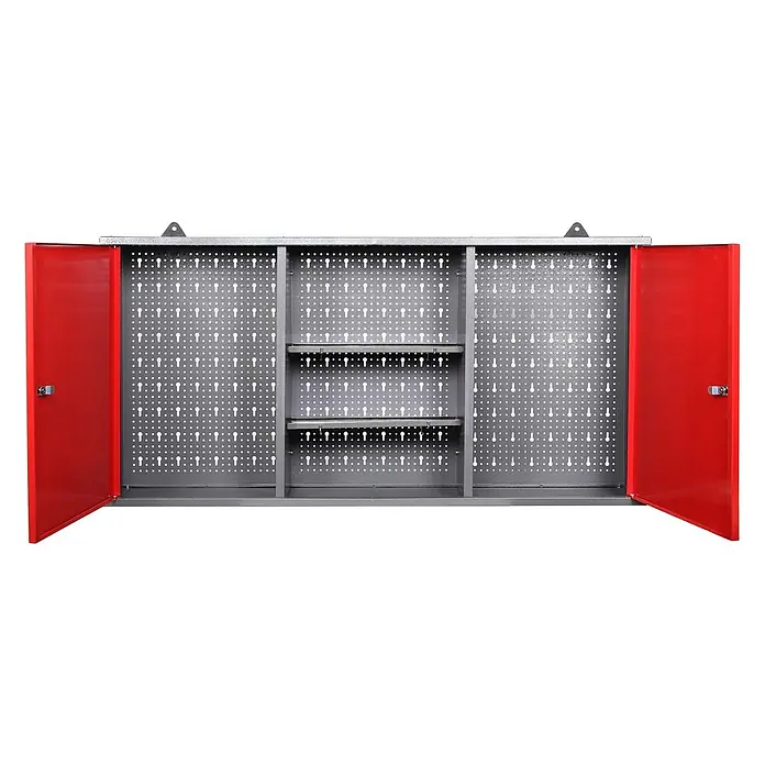 Ondis24 Werkbank-Set - L x B: 120 x 60 cm, Arbeitshöhe: 850 mm, Metall - Grauer Metall-Wandschrank mit roten, offenen, abschließbaren Türen, Lochwand und zwei Einlegeböden zur Werkzeugaufbewahrung.