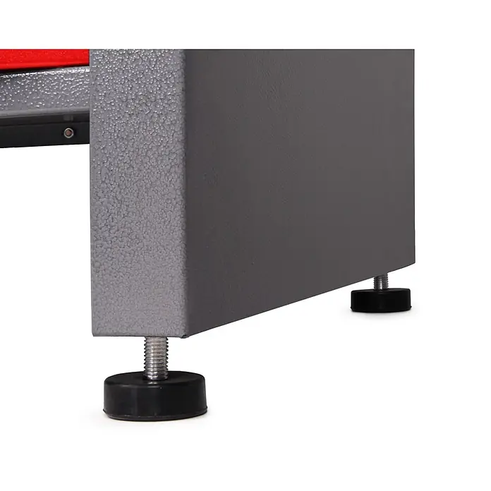 Ondis24 Werkbank-Set - L x B: 240 x 60 cm, Arbeitshöhe: 850 mm, Metall - Graue Metallbeine mit schwarzen, verstellbaren Nivellierfüßen, die strukturierte und glatte Oberflächen zeigen.