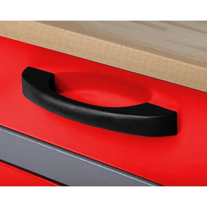 Ondis24 Werkbank-Set - L x B: 240 x 60 cm, Arbeitshöhe: 850 mm, Metall - Rote Schublade mit schwarzem Griff an einer Werkbank oder einem Werkzeugschrank mit Holzplatte.