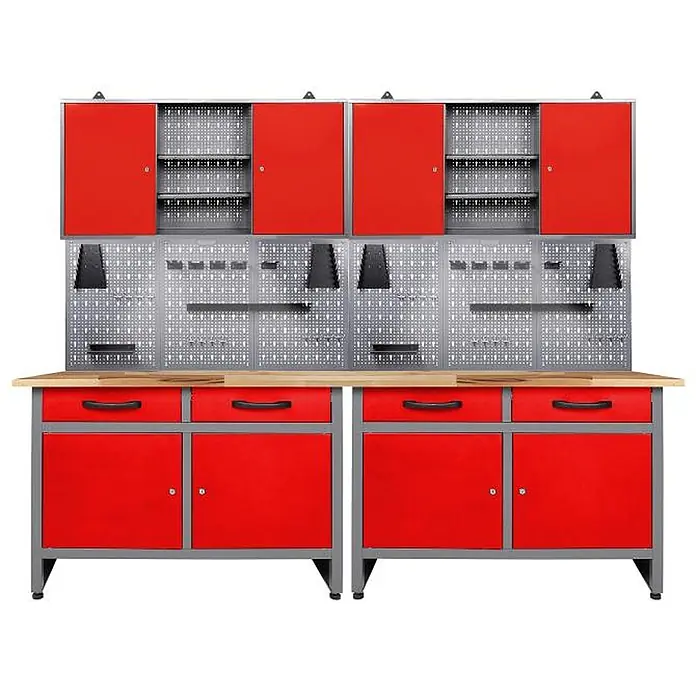 Ondis24 Werkbank-Set - L x B: 240 x 60 cm, Arbeitshöhe: 850 mm, Metall - Rotes und graues modulares Werkstattschrank-System mit Hängeschränken, Lochwand-Werkzeugaufbewahrung und Unterschränken mit Schubladen und Türen, Holzplatte.