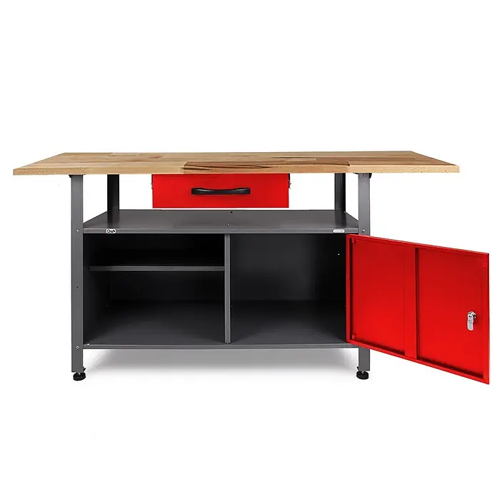 Ondis24 Werkbank-Set - L x B: 240 x 60 cm, Arbeitshöhe: 850 mm, Metall - Werkbank aus Holz mit grauem Metallrahmen, roter Schublade und offenem roten Schrank mit Stauraum.