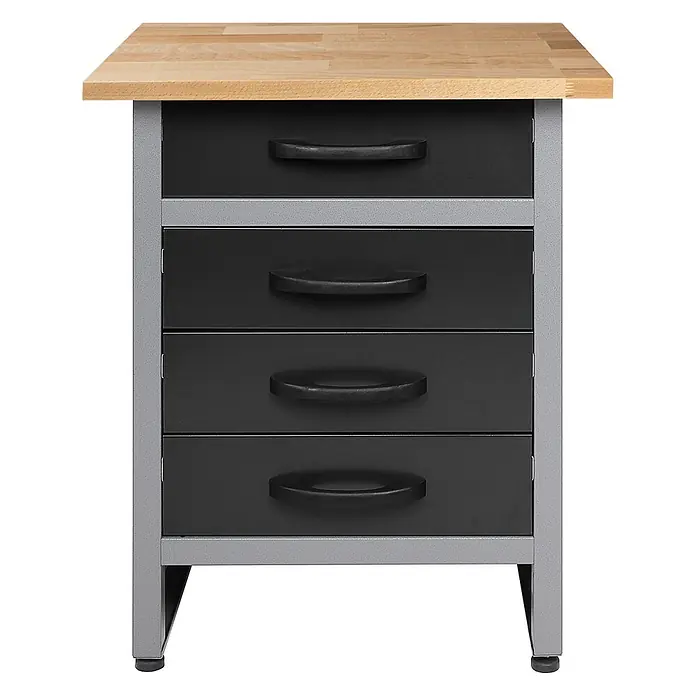 Ondis24 Werkbank-Set - Arbeitshöhe: 850 mm, Metall - Werkbankunterschrank mit heller Holzplatte und grauem Metallrahmen, vier schwarzen Schubladen mit Griffen.