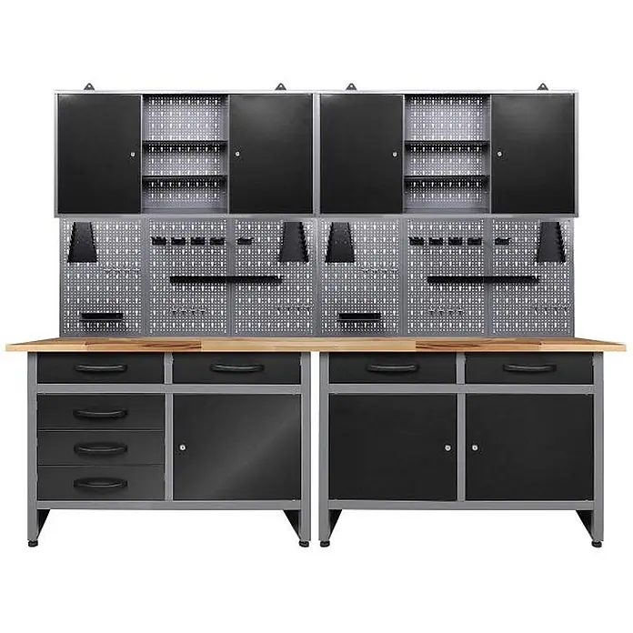 Ondis24 Werkbank-Set - L x B: 240 x 60 cm, Arbeitshöhe: 850 mm, Metall - Modulares Garagen-Werkstattsystem mit schwarzen Metallschränken, Lochwänden, Schubladen und Holzplatte.