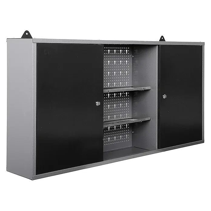 Ondis24 Werkbank-Set - L x B: 240 x 60 cm, Arbeitshöhe: 850 mm, Metall - Wandmontierter Metall-Schlüsselschrank mit grauem Korpus, schwarzen Schiebetüren und Lochwand.