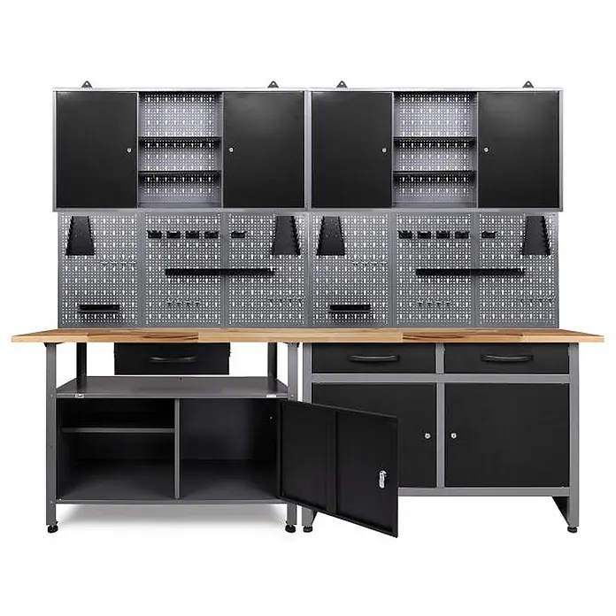 Ondis24 Werkbank-Set - L x B: 240 x 60 cm, Arbeitshöhe: 850 mm, Metall - Schwarz-graues Metall-Werkstattlagerregal mit Holzarbeitsplatte, Lochplatten und Schränken zur Werkzeugorganisation.