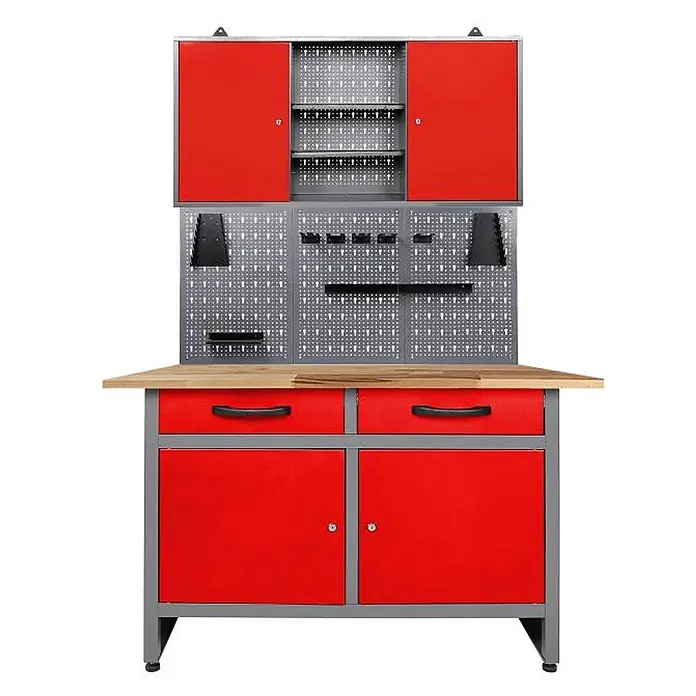 Ondis24 Werkbank-Set - L x B: 120 x 60 cm, Arbeitshöhe: 850 mm, Metall - Rote und graue Metall-Werkbank mit Holzplatte, Hängeschrank, Schubladen und Lochwand.